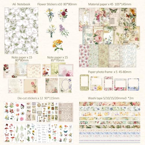Vintage Botanical Scrapbooking Supplies Kit, Aesthetic Flower Scrapbook Kit for Bullet Junk Journal, 12 Rolls Washi Tape, Stickers Papers for DIY Journaling Supplies, Craft Gift for Girl Women - color: Botanical