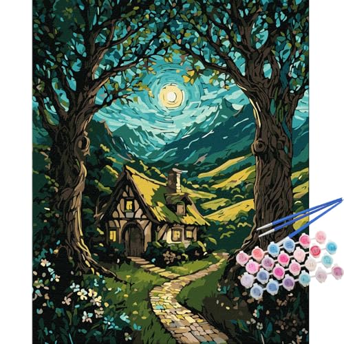 TOCARE Cabin Paint by Numbers Kit for Adults, Cabin in the Moonlit Forest Adult Paint by Number Canvas,Adults' Paint-by-Number Kits Nature Scenery 16x20inch (Without Framed) - color: TC-OPC5594