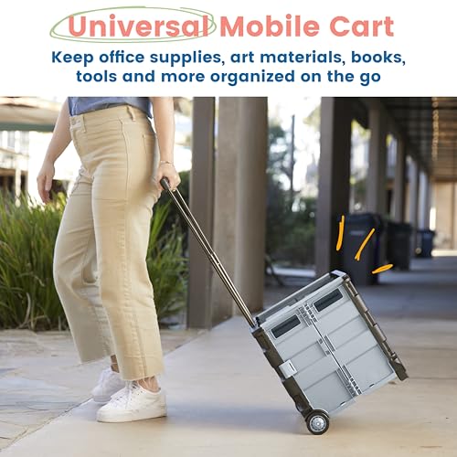 ECR4Kids Universal Collapsible Rolling Utility Storage Cart, Black | Durable plastic, adjustable handle, 40 lb capacity, collapses to 3" thick for storage, rolling wheels for easy transport