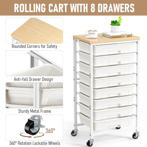 caktraie 8-Drawers Rolling Cart, Craft Storage Utility Cart, Beige White
