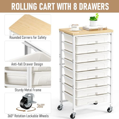 caktraie 8-Drawers Rolling Cart, Craft Storage Utility Cart, Beige White