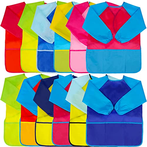 Zkptops 12 Pack Kids Art Smocks for Boys Girls Age 3-7 Years, Waterproof | Kids Painting Aprons, Paint Smocks with Long Sleeve 3 Roomy Pockets,Washable Toddler Paint Aprons,Velcro Closure,for Drawing - color: 12 Pack