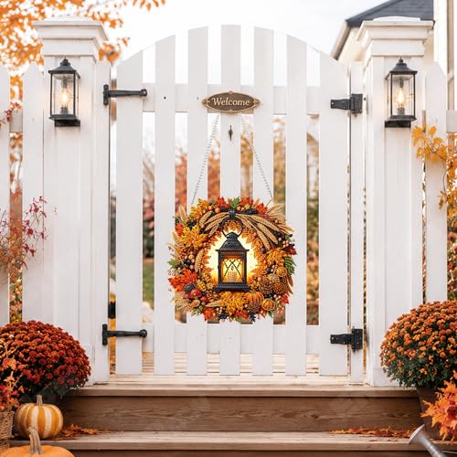 Eiflow Acrylic Diamond Art Hanging Kit for Adults Fall Wreath, DIY Diamonds Painting Door Hanger Board Kit, Special Crystal Diamond Art Painting Pendant Ornament (Lantern) - color: Lantern Wreath