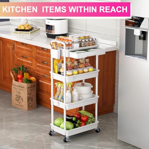 Goovilla 4 Tier Rolling Utility Cart Organizer with Removable Drawer, White | Stable and Sturdy Rolling Storage Carts with 2 Lockable Wheels for Bathroom, Kitchen, Snack, Craft, Makeup, Baby Essentials - size: 4 Tier, style: White