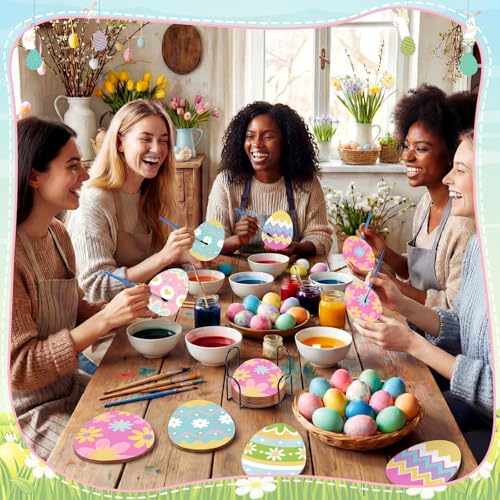 Reallnaive 8 Pcs Easter Eggs Paint by Numbers Kit for Adults Wooden Coaster | Mini Paint by Numbers, Tiny Cute Round Oil Painting Drink Coaster with Holder, for Small DIY Craft Birthday Gift - style: Easter Egg