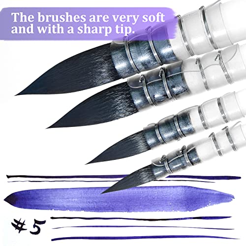 Watercolor Paint Mop Brushes Set, Mop Paint Brushes,Soft Synthetic Squirrel Hair, Pointed Round Mop Brush for Watercolor, Acrylic, Gouache, Aquarelle & Oil Painting, 4 Pcs Set