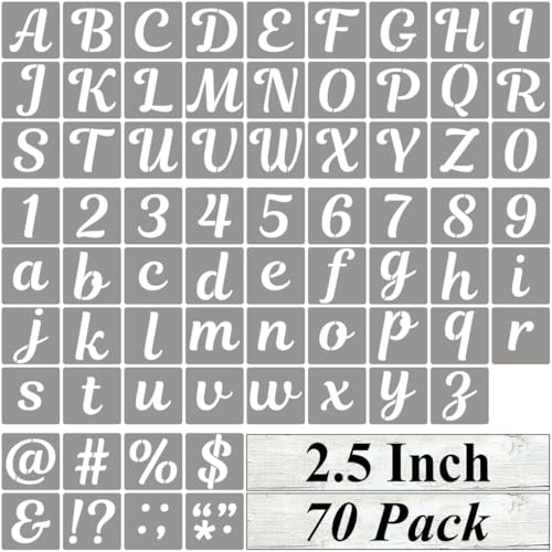 2.5 Inch Letter Stencils for Painting - 70 Pack Alphabet Letter and Number Stencil Templates with Signs for Painting, Reusable Cursive Alphabet Stencils for Chalkboard Wood Crafts & Wall Decor - size: 2.5 Inch