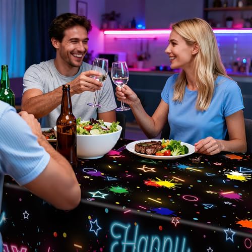 Kochorie 2 Pack Glow in the Dark Birthday Tablecloth 54 x 108 Inch Neon Disposable Plastic Table Cover Graffiti Paint Glow Table Cloths for Black Light Party, Let's Glow Birthday Decorations - style: Glow in the Dark Birthday