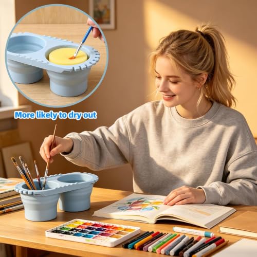 Abaodam Paint Brush Cleaner Cup for Kid Adult Painter Watercolor Acrylic | Dual Compartment Collapsible Silicone Paint Water Cup with 2 Sponges Foldable Water Container for Travel Painting