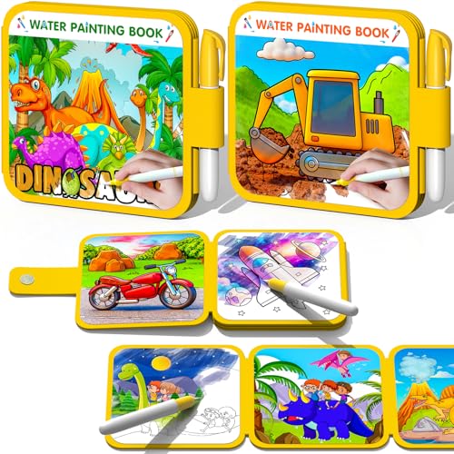 ZHOC Reusable Water Painting Books for Kids – 2 Pack Magic Water Reveal Coloring Books with Water Pens (Cars & Dinosaur) No-Mess Coloring Book Fun Travel Activity for Ages 3 4 5 6 7 8 - color: Dinosaur & Vehicle