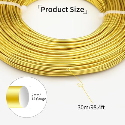 12 Gauge Aluminum Wire 100FT, 2mm Bendable Metal Anodized Aluminum Wire for Sculpting Jewelry Making Crafts Wreath Beading Floral(Gold) - color: Gold