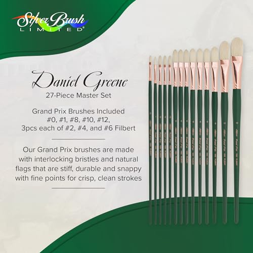 Silver Brush Limited Daniel Greene Master Oil Paintbrush Set, 27pc | Fan Blender, Filberts, Cats Tongues, Long Handle, Soft-Edged Lines, Versatile Strokes, For Portraits, Easel Painting - color: Portraiture Master Set, size: Set of 27