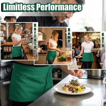 TOSHE Waist Apron 3 Pockets Waterdrop Resistant Cotton Server,Chef,Waitress - color: Green