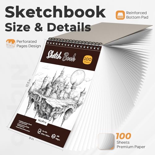 Nicpro 52PCS Art Drawing Supplies Kit for Artist Adults Sketching | Metal Mechanical Pencil Set 0.5, 0.7, 0.9 & 2mm, 9x12 Sketch Book, 12 Fineliner Pens, 288 Leads, School Supplies Drawing Kit - size: 52