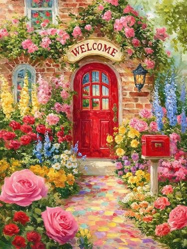 Welcome Spring Flower Diamond Art Kits for Adults, Diamond Painting Kits for Adults for Beginners, DIY Diamond Dots Art Kits, 5D Full Round Drill Gem Art Painting Kits for Home Wall Decor, 12x16in - color: Welcome Spring Flower