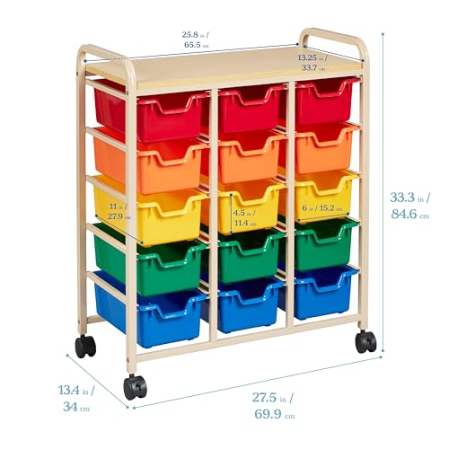 ECR4Kids 15-Bin Mobile Organizer with Shelf, Removable Bins, Sand/Assorted | Durable plastic bins, steel frame, GREENGUARD Gold Certified, 75 lb capacity, rolling casters, craft supplies, classroom/home