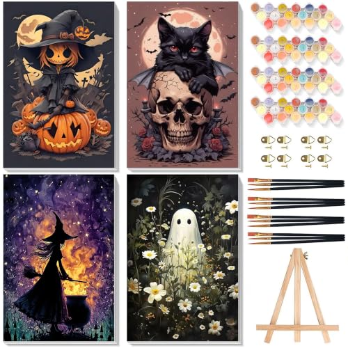 Halloween Paint by Numbers for Adults with Framed Canvas - Wooden Easel | 4 Pack Paint by Number on Canvas, DIY Halloween Acrylic Oil Painting Kits with Brushes for Home Wall Decor (8x12 inch) - color: BKH2697+BKH2698+BKH2699+BKH2700