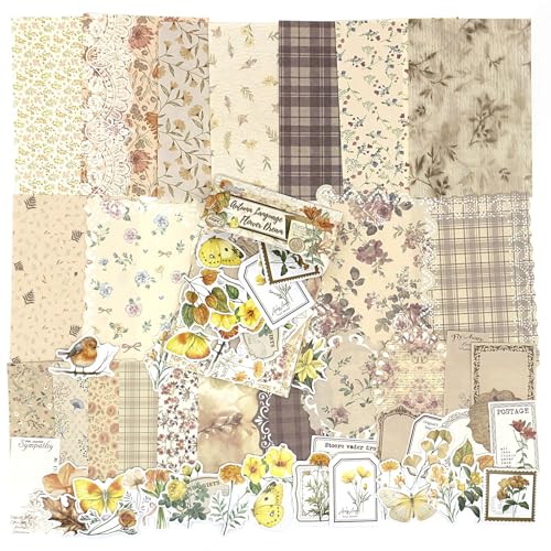OKUPAN Scrapbook Supplies Kit – 100Pcs Vintage Floral Scrapbook Paper & Junk Journal Stickers, Journaling Supplies for Bullet Journaling, Retro Crafts, Mixed Media, Planner, Collage Card Album(Yellow) - color: Yellow