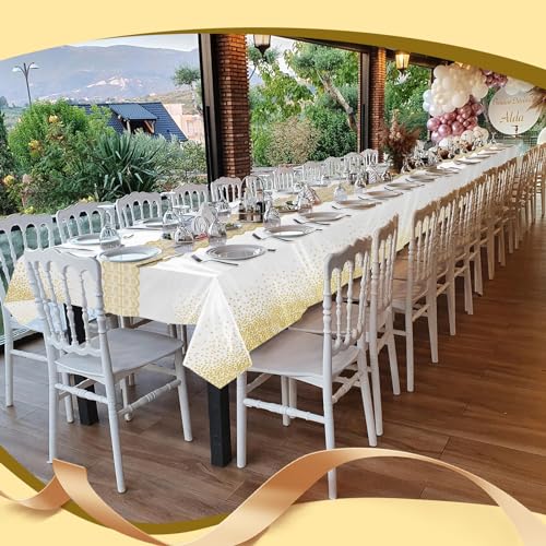 Goodluck 54 Inch X 300 Feet Plastic Table Cloths with Cutter Box, Gold Disposable Table Cover Roll, Plastic Tablecloth for Party, Wedding, Birthday, Anniversary, Event, White Gold Dot - color: White Gold Dot, size: 15.4" x 5.5" (Rectangular)