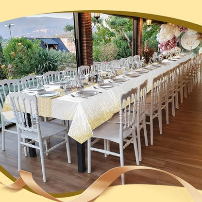 Goodluck 54 Inch X 300 Feet Plastic Table Cloths with Cutter Box, Gold Disposable Table Cover Roll, Plastic Tablecloth for Party, Wedding, Birthday, Anniversary, Event, White Gold Dot - color: White Gold Dot, size: 15.4" x 5.5" (Rectangular)