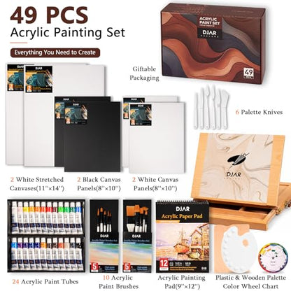 DJAR 49 Pcs Acrylic Paint Set with Tabletop Easel Box, 24 Colors - style: Tabletop Easel Set