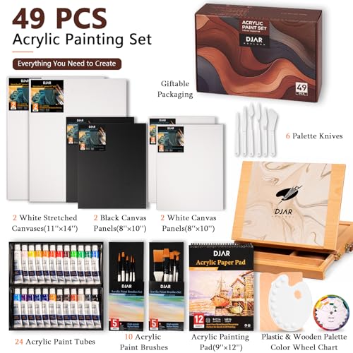 DJAR 49 Pcs Acrylic Paint Set with Tabletop Easel Box, 24 Colors - style: Tabletop Easel Set