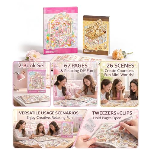 3D Sticker Scene Book 2-Pack | 67 Pages, 26 Immersive Scenes, DIY Miniature Diorama Kit, Stress Relief & Focus - color: 2-book Set | 67 Sheets (7.7x5.4in & 10.3x7.9in)