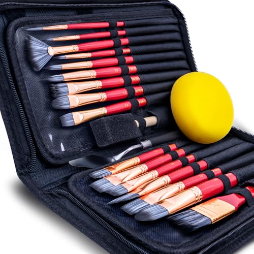 Transon 20Pcs Art Paint Brush Kit with Storage Case, 16 Brushes + Foam Brush Spatula Sponge for Acrylic Oil Watercolor Gouache, Adults Teens Beginners Art Supplies - color: Pink