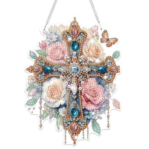 Bowetile Hanging Diamond Art Cross Kits for Adults, 5D Special Shape Diamond Painting Flower Kits, Cross Diamond Gem Art Suncatchers Painting Pendant Ornament for Home Garden Wall Decor - color: Cross, Flower