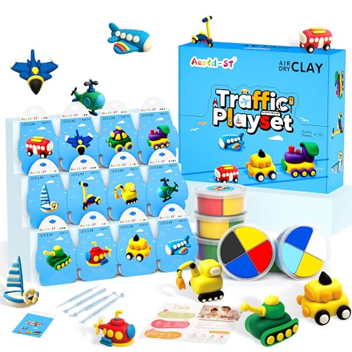 Aestd-ST Air Dry Clay Kit -Traffic Theme, Modeling Clay for Kids | DIY Magic Clay with Sculpting Tools and Tutorials, 12 Boxes Molding Clay, Soft & Non-Sticky, Arts and Crafts Gift for Kids - color: Traffic Playset