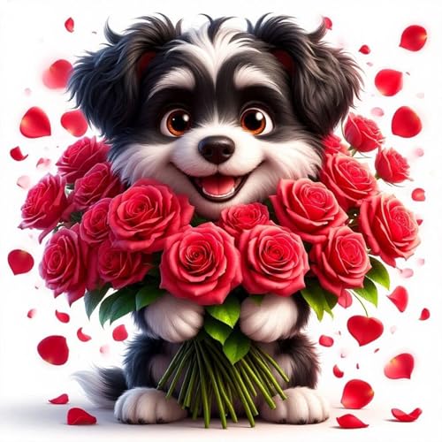 5D Cute Puppy Havanese Dog Diamond Art Kits for Adults, Rose Diamond Painting Kits for Beginners, DIY Full Drill Round Rhinestone Gem Art for Couples Home Wall Decor 14×14 inch - color: Cute Puppy