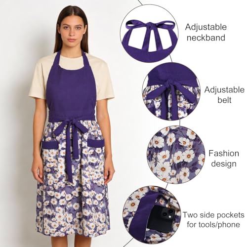Cute Floral Apron for Women with Pockets, Cotton, Adjustable Straps - color: Purple