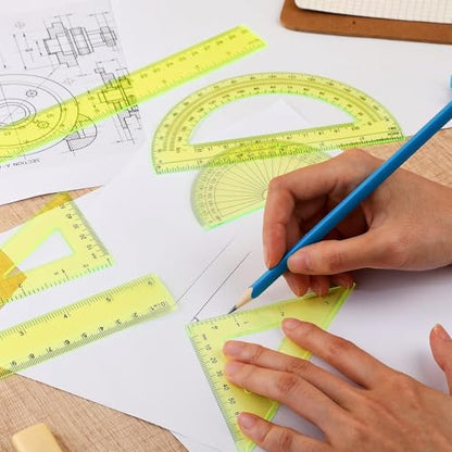 Zonon 7‑Piece Geometry Set with Drawing Compass, 6 & 4 Inch Protractors, Triangle Rulers and Straight Rulers, Transparent Math Drafting Supplies for Back to School, Students and Office Use(Yellow) - color: Yellow