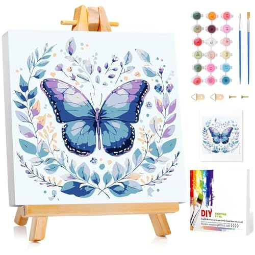 Butterfly Paint by Numbers Kit for Kids with Frame Wooden Easel 8x8 inch - color: style-3