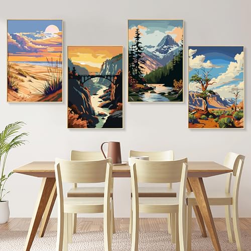 4 Pack National Park Paint by Numbers Kit for Adults Framed, Landscape Paint by Number Kits with Frame, DIY Acrylic Watercolor Adult Paint by Number Kits on Canvas for Home Decor Gift 8x12 Inch - color: XM-OP-4P-F-NationalPark-2030
