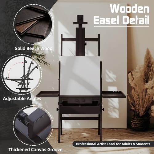 Beech Wood H-Frame Easel for Painting with Tray & Drawer, Walnut | Heavy-duty Floor Adjustable Height & Angle Studio Art Easel Stand, Holds 30"-50" Canvas, Foldable Painting Easel for Adults - color: Walnut