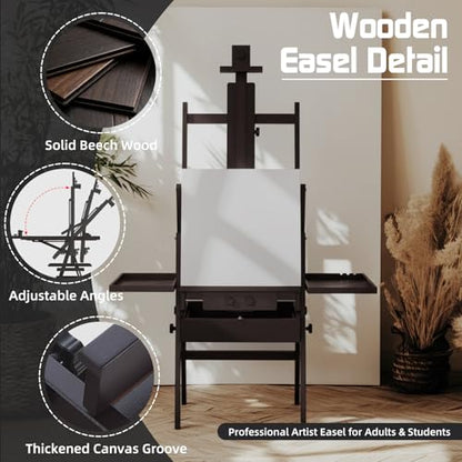 Beech Wood H-Frame Easel for Painting with Tray & Drawer, Walnut | Heavy-duty Floor Adjustable Height & Angle Studio Art Easel Stand, Holds 30"-50" Canvas, Foldable Painting Easel for Adults - color: Walnut