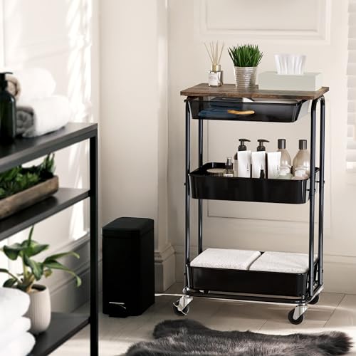 Simple Houseware 3-Tier Utility Cart with Drawer & Wood Top, Rustic Brown - color: Rustic Brown