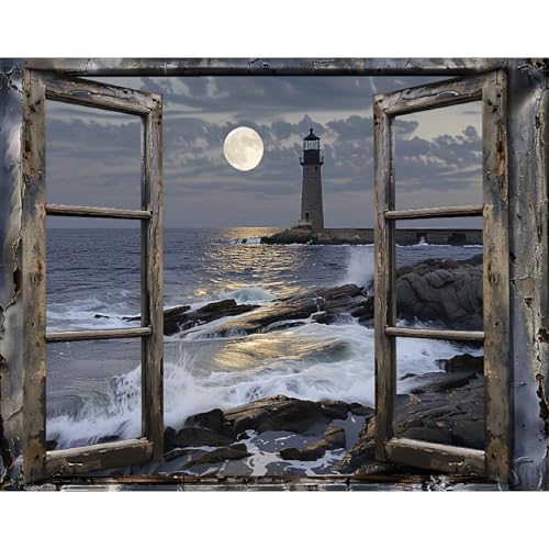 Clendo Paint by Numbers Kit for Adults- Lighthouse Adult Paint by Number Kits on Canvas for Beginners, DIY Beach Scene Acrylic Oil Number Painting Kits for Home Wall Decor 16"x 20" (Without Frame) - color: MT21194