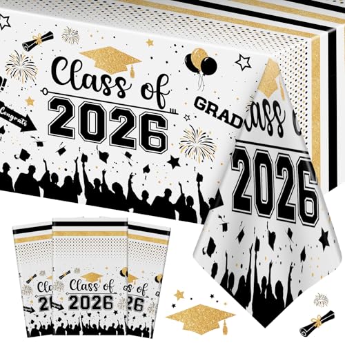 Graduation Decorations Class of 2026 Tablecloth - 3 Pcs Plastic Congrats Grad Table Cloth, Graduation Table Cover for Graduation Party Decorations 2026 and Party Supplies, 54"x108" (Black and Gold) - color: Black and Gold