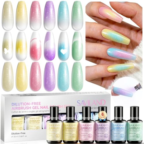 SAVILAND Shimmer Airbrush Gel Nail Polish Dilution Free: 20ml Hema & Acetone Free Opal Symphony Pastel Collection 6 Colors Fine Mist Spray for Ombre Aura & French Nail Art Salon Airbrush Paint Set - color: Shimmer
