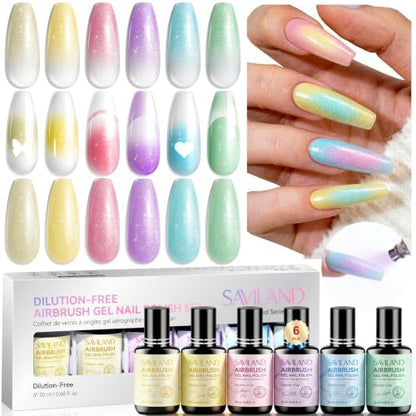SAVILAND Shimmer Airbrush Gel Nail Polish Dilution Free: 20ml Hema & Acetone Free Opal Symphony Pastel Collection 6 Colors Fine Mist Spray for Ombre Aura & French Nail Art Salon Airbrush Paint Set - color: Shimmer
