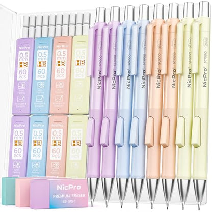 Nicpro 8 Pack Pastel Mechanical Pencil 0.5mm, Cute Pencils Fast Click | Mechanical Pencils Set with 480PCS HB Lead, 3 Erasers with Case, Aesthetic School Supplies for Writing Drawing Sketching - style: 8PCS-0.5mm