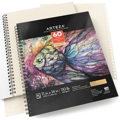 ARTEZA Mixed Media Sketchbook, 11x14 Inches – 2-Pack, 60 Spiral-Bound Sheets, 110 lb Acid-Free Paper for Wet & Dry Media: Acrylic, Ink & Pencil - size: 11"x14" (Pack of 2)