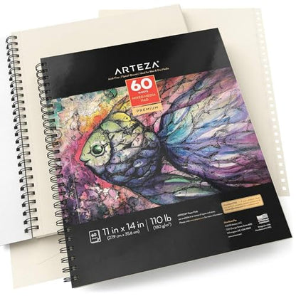 ARTEZA Mixed Media Sketchbook, 11x14 Inches – 2-Pack, 60 Spiral-Bound Sheets, 110 lb Acid-Free Paper for Wet & Dry Media: Acrylic, Ink & Pencil - size: 11"x14" (Pack of 2)