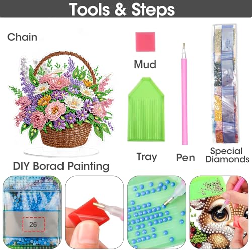 ARPADAMO Tabletop Ornament Diamond Art Kit for Adult Pretty Flower Basket | 5D DIY Special Shaped Crystal Double Sided Rhinestone Stand Diamond Painting Art Kits,Placement Ornament Gift Home Garden - color: DP03972