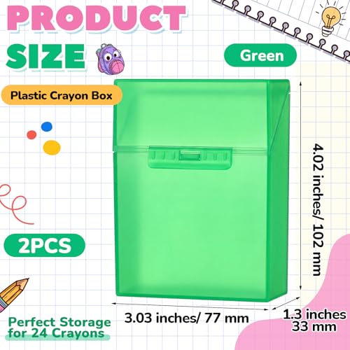 Clabby 2 Pcs Clear Plastic Crayon Boxes Hold 24 Count, Green | Organizer Box, Case, Colorful, Portable Storage Holder with Snap Lid, for Kids Boys Girls School Classroom Home Art Supply - color: Green
