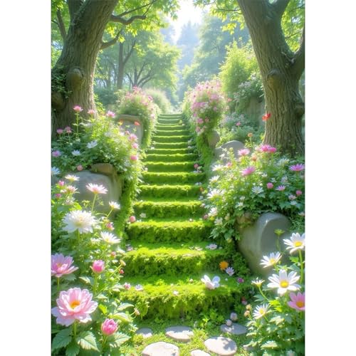 antor 5D Diamond Painting Kits for Adults, Floral Stairway Diamond Art Kits for Adults Beginners, Landscape DIY Full Drill Diamond Dot Gem Painting for Home Wall Decor 11.8X15.7inch - color: Garden Staircase