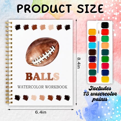 12 Patterns Sports Balls Watercolor Book, Basketball Soccer Football Tennis Painting Workbook, DIY Art Gift for Teen Athletes and Adult Fans, Stress Relief Water Coloring Activities - color: Brown-Sports