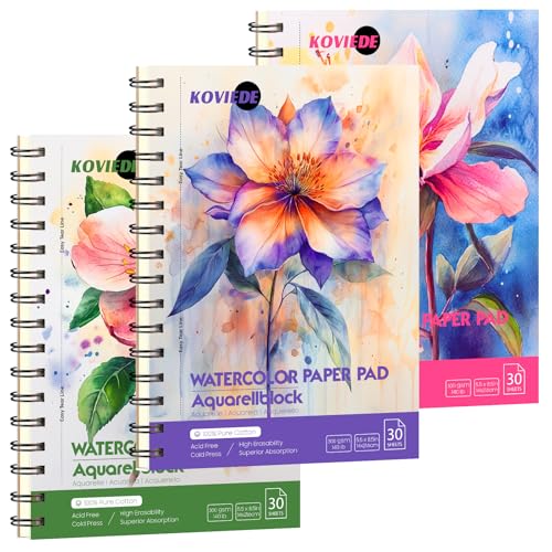 KOVIEDE 100% Cotton Watercolor Paper Pad 5.5"x8.5" (3 Pack, 90 Sheets) - color: Floral-3 Pack, size: 5.5“x8.5"